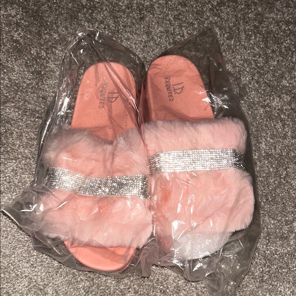 Pink Faux-Fur Platform Slide with Crystal Strap